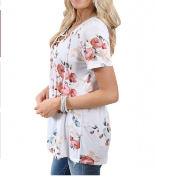 White Floral LaceUp V Neck Tunic - Picture 6 of 12